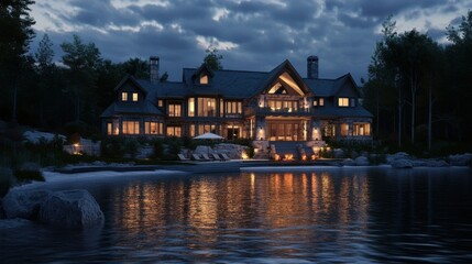 Obraz premium Luxurious lakeside house at night, illuminated windows, reflecting in calm water, surrounded by trees.