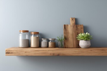 Natural wooden shelf displays jars and plants, showcasing minima