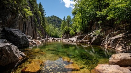 A serene, clear river flows through a rocky canyon surrounded by lush green trees under a sunny blue sky.