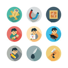 Fototapeta premium Education And Learning Icon Set With Academic Tools And Student Characters Isolated On White