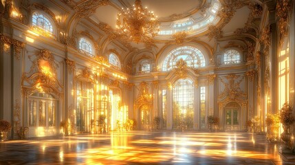 Grand opulent palace hall, bathed in golden sunlight. Ornate details, chandeliers, and arched windows