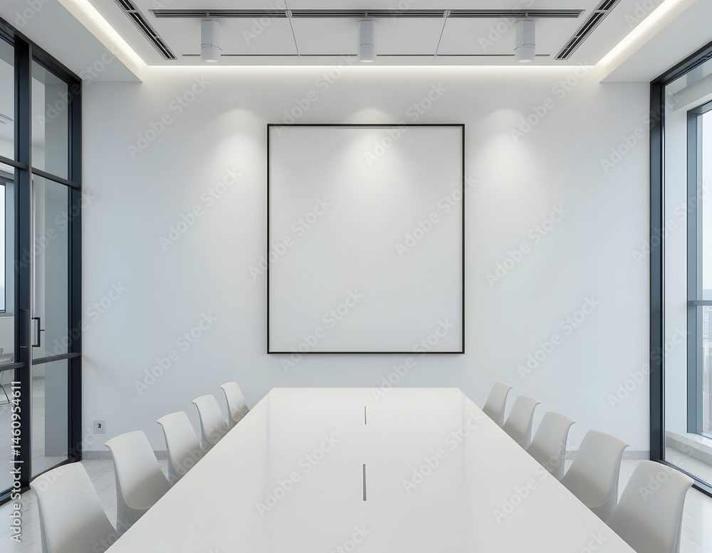 Poster empty meeting room with long table and blank frame ready for presentation