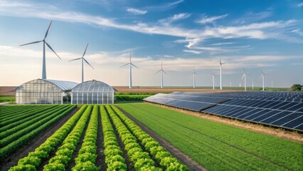 SDGs-Sustainable Drvelopment Goals, Affordable and Clean Energy Green fields with solar panels and wind turbines under a clear blue sky.
