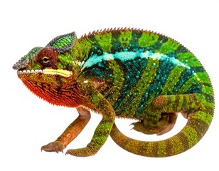 Vibrant Green And Orange Chameleon On White Background