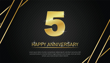 5 year anniversary celebration. 5th anniversary banner black and golden. anniversary logo design with double line and golden text concept