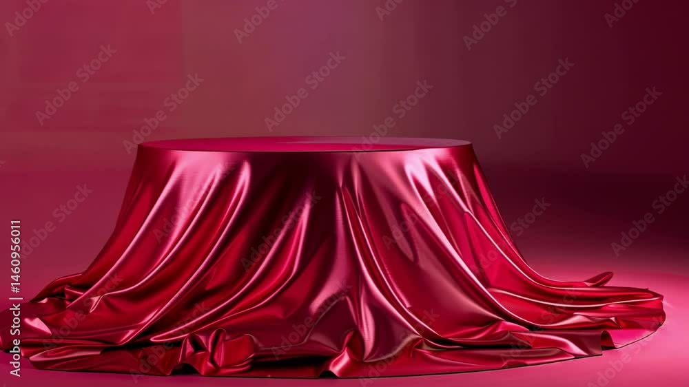 Poster elegant round table display with vibrant red satin fabric smooth luxury backdrop for showcasing art 