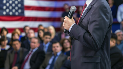 Serious journalist holding microphone interviewing politician in formal setting, news reporter covering political event, media and journalism concept.
