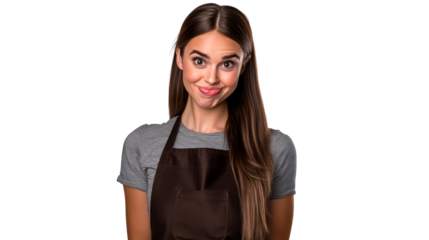 Young woman wears brown apron with funny facial expression, cut out transparent