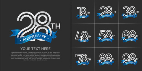 Anniversary logo set with double line number style. silver color with blue ribbon can be use for special moment