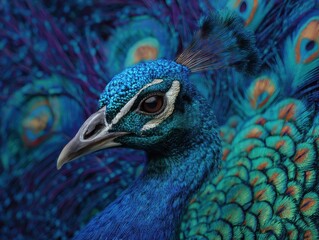 Obraz premium Close-up view of a peacock's head and vibrant plumage.