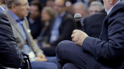 Serious journalist holding microphone interviewing politician in formal setting, news reporter covering political event, media and journalism concept.