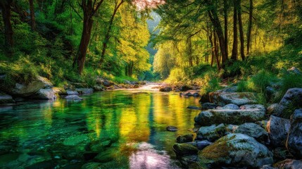 Obraz premium A crystal-clear river flows through a lush, sunlit forest, reflecting vibrant green trees and rocks in its tranquil waters.