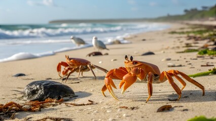 Natural coastal scene with crab on warm sandy beach surrounded by seashells and sea birds flying. Spider crab in fighting pose, Inishmore, Aran Islands, Ireland 