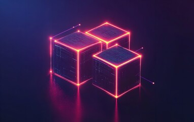 Neon Cubes Digital Data Blocks Network Tech Abstract Art Cyberpunk Glow 3D Render Futuristic Design