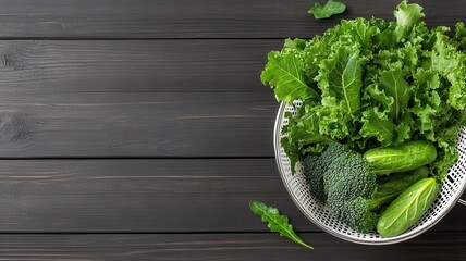 Fresh Green Vegetables in Colander on Dark Wood Background vegetables fresh green colander kale food