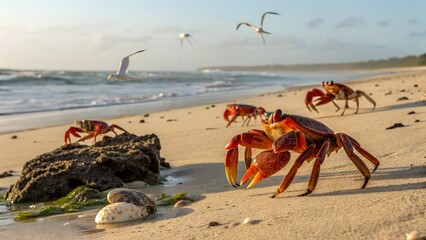 Natural coastal scene with crab on warm sandy beach surrounded by seashells and sea birds flying. Spider crab in fighting pose, Inishmore, Aran Islands, Ireland
