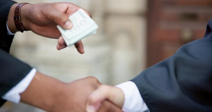 Handshake, people and money for bribe by court, corruption or fixed guilty verdict with payment for illegal deal. Scam, fraud and crime with lawyer outdoor for unethical cash or government cover up