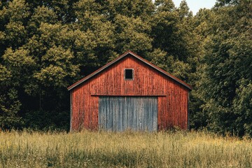 Rustic red barn nestled in a verdant forest