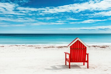 Tropical beach scene with a red wooden beach chair