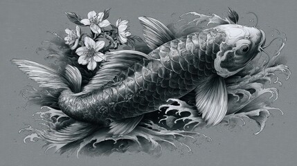 Monochromatic koi fish design with delicate blossoms.