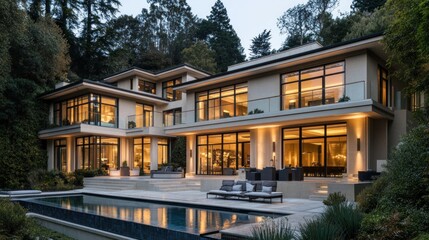 Fototapeta premium Luxurious modern home with infinity pool at dusk, showcasing architectural design and outdoor living space.