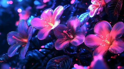 Digital surreal composition featuring neon flower blooms vibrant saturated colors and moody botanical background picture
