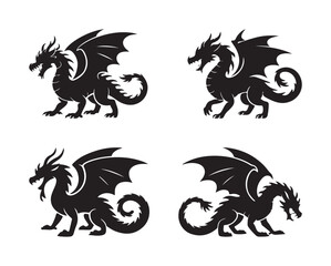 Set of cute dragon silhouettes in various playful poses, black vector collection on white background  