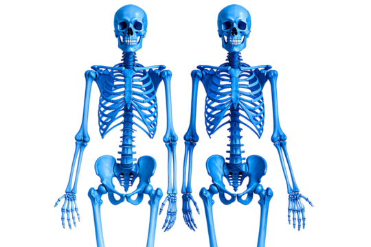 Two X-ray human skeletons in different poses on a transparent background