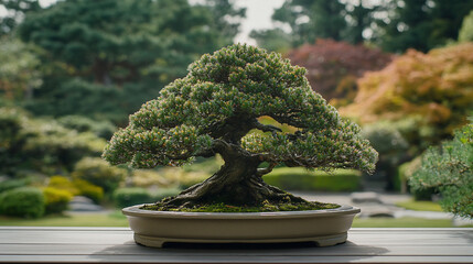 Mature bonsai tree in a shallow dish, showcasing intricate root system and lush foliage.  Outdoor garden setting with blurred background of varied foliage