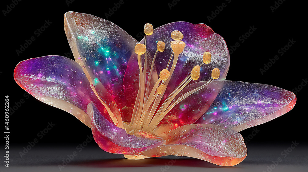 Poster a modern digital artwork featuring a translucent lily constructed from irregular shards of glass, with subtle color variations and light play.