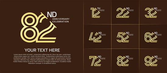 Anniversary logo set with double line number style. golden and silver color with slash can be use for special moment