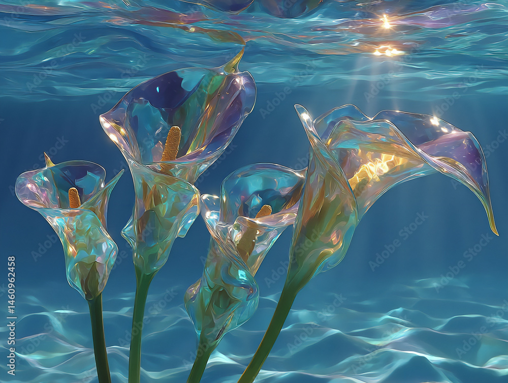 Poster a surreal digital painting of clear glass lilies floating gently in a luminous underwater scene with