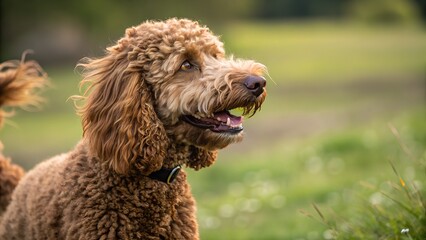 Fototapeta premium Beautiful curly-coated canine portrait captured outdoors in lush greenery with soft-focused background scenery. Curly coated retriever on a seaside 