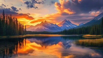 A serene lake reflecting pine trees and distant mountains under a warm sunset sky with glowing clouds.