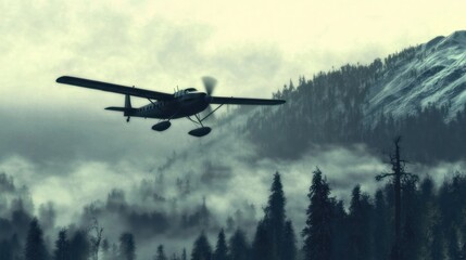Vintage Seaplane Soaring Above Misty Mountains