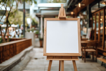 Blank white board with wooden frame on easel outside restaurant