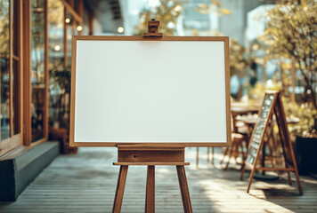 Blank white board with wooden frame on easel outside restaurant