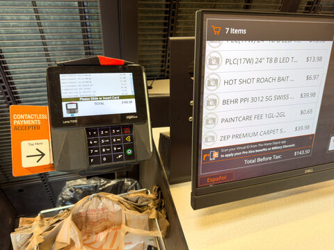 Self-Checkout Register with Card Reader and Itemized Screen at Retail Store


