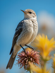 A majestic Northern Mockingbird perches on a sun-drenched Texas wildflower, its gray and white feathers gleaming, against a bright blue cloudless sky backdrop.