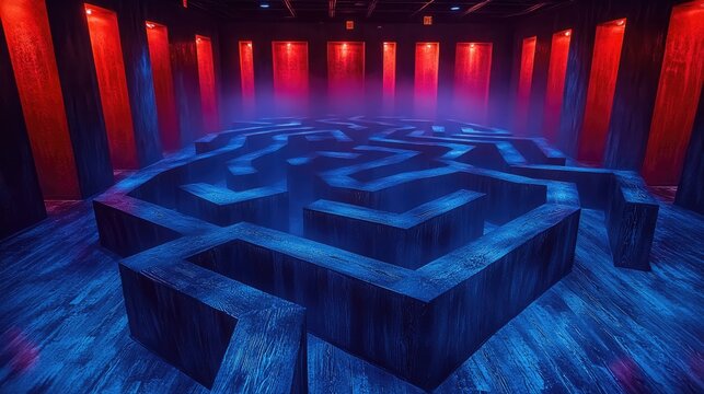 Intricate maze, vibrant colors, dark atmosphere