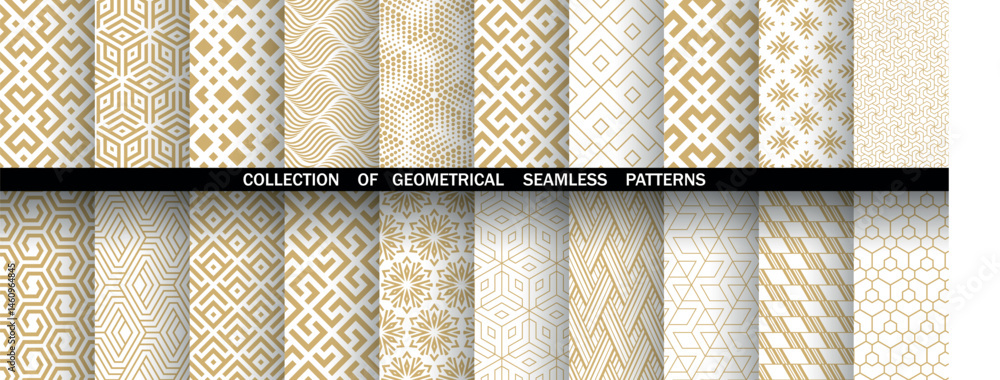 Poster Geometric set of seamless golden and white patterns. Simple vector graphics
