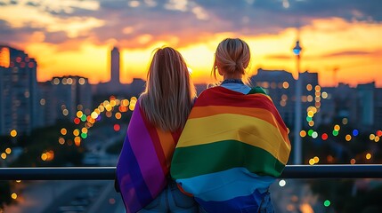 Two women, pride flag, sunset cityscape