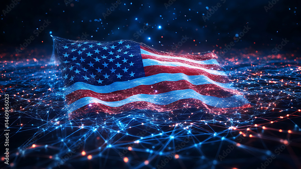 Poster abstract american flag waving glowing blue and red network connection for technology and innovation 