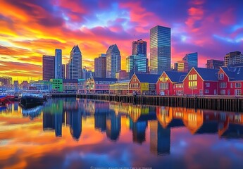 Fototapeta premium Colorful waterfront houses reflecting a vibrant city skyline on calm water.