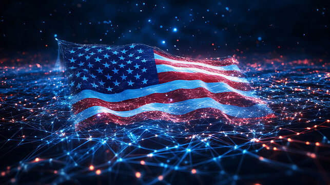 Abstract american flag waving glowing blue and red network connection for technology and innovation concept