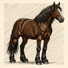 Strong Brown Draft Horse Standing Illustration | Generated AI