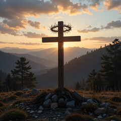 Sunset Cross: Mountaintop Serenity and Faith isolated background