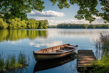Tranquil lake scene with wooden boat on dock