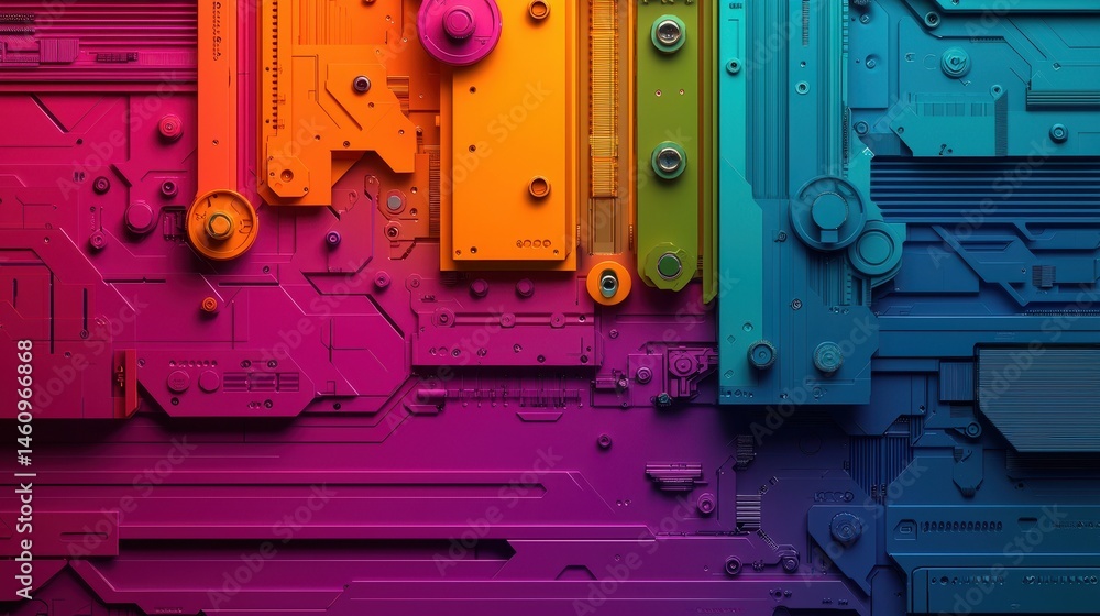 Poster vibrant abstract illustration of colorful circuits and technology background in rainbow palette for 