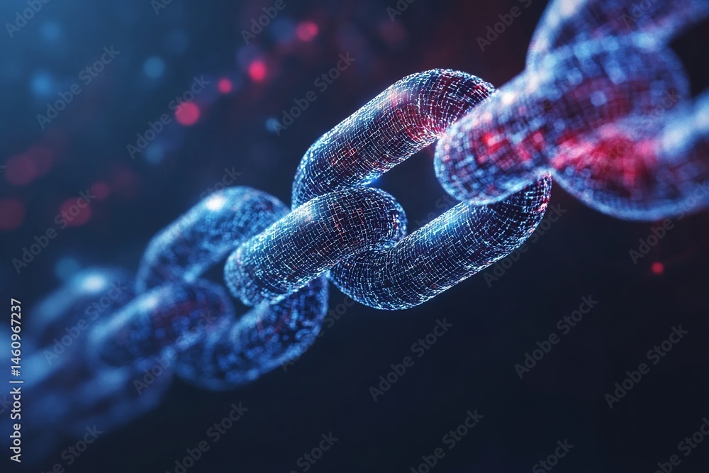 Poster illuminated digital chain link network representing blockchain technology